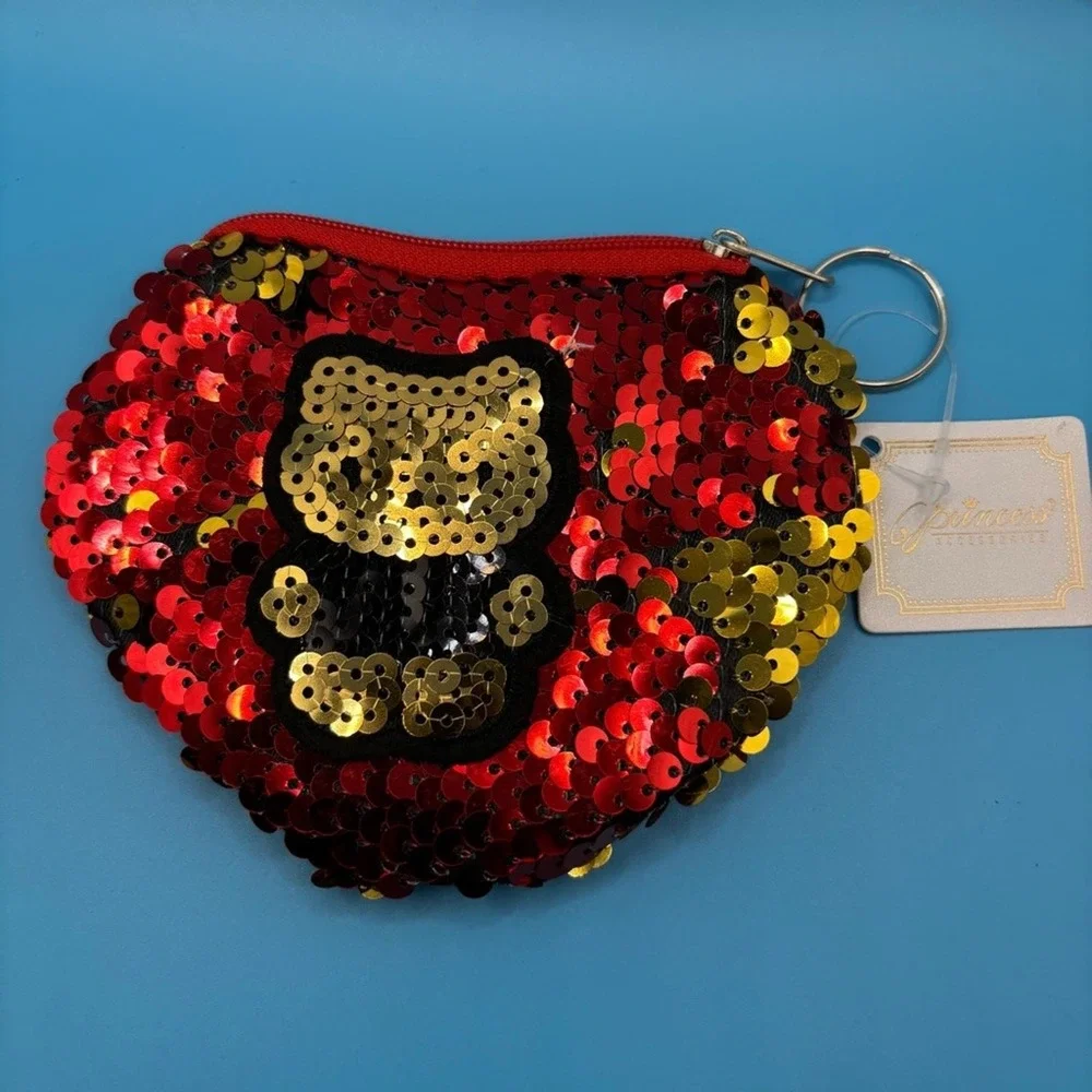 Sequin Teddy Bear Coin Purse Pouch Keychain‎ Red and Gold
